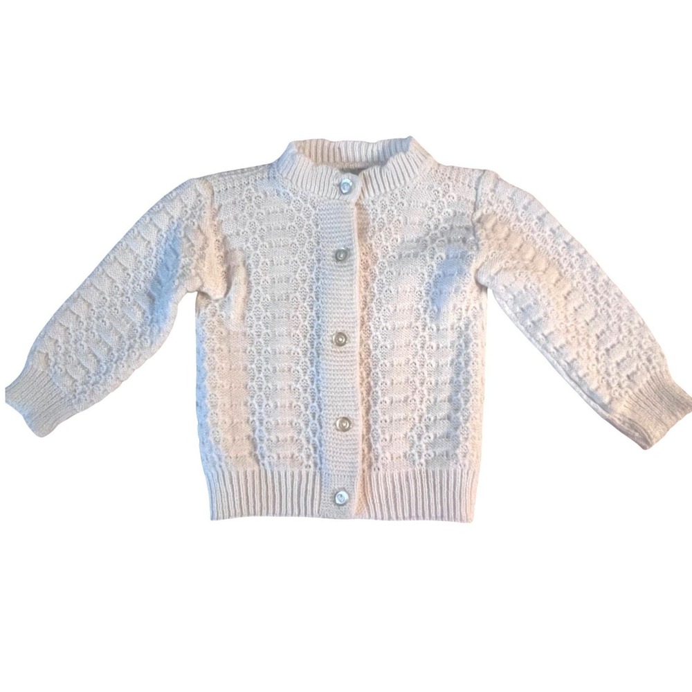 VTG 60's Julius Berger Girls Cream Cable Knit Button Kids Cardigan Sweater 18m